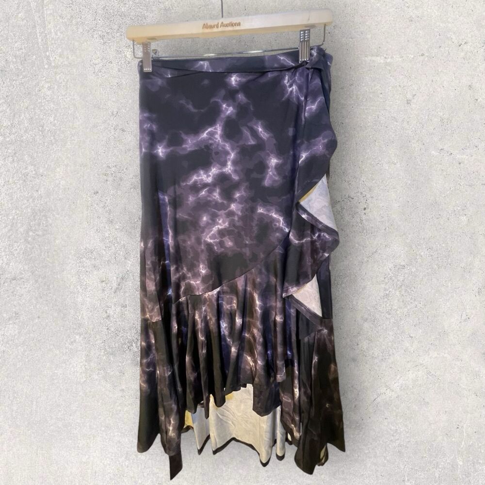 Lularoe Bella Wrap Skirt M NWT Black Purple And White Print Ruffle Casual Skirt